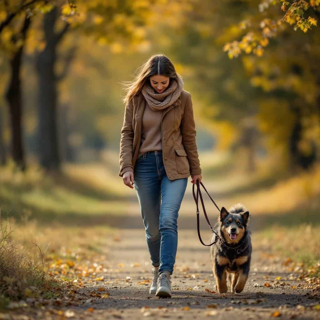 woman over 40 walking dog