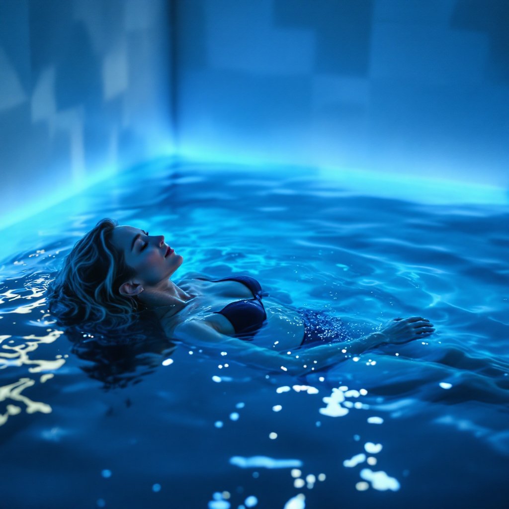 woman floating in water tank