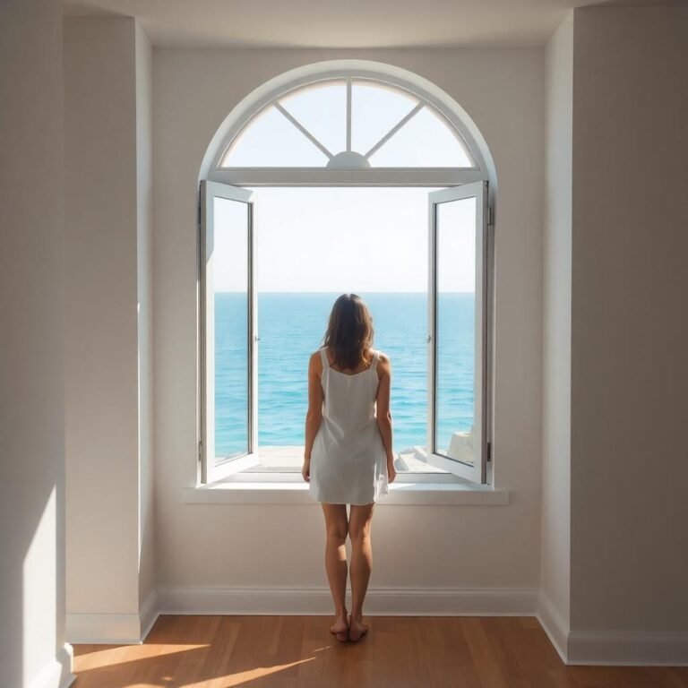 woman standing at window