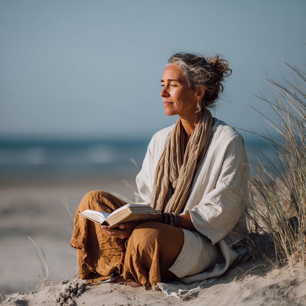 woman on beach reading and praying