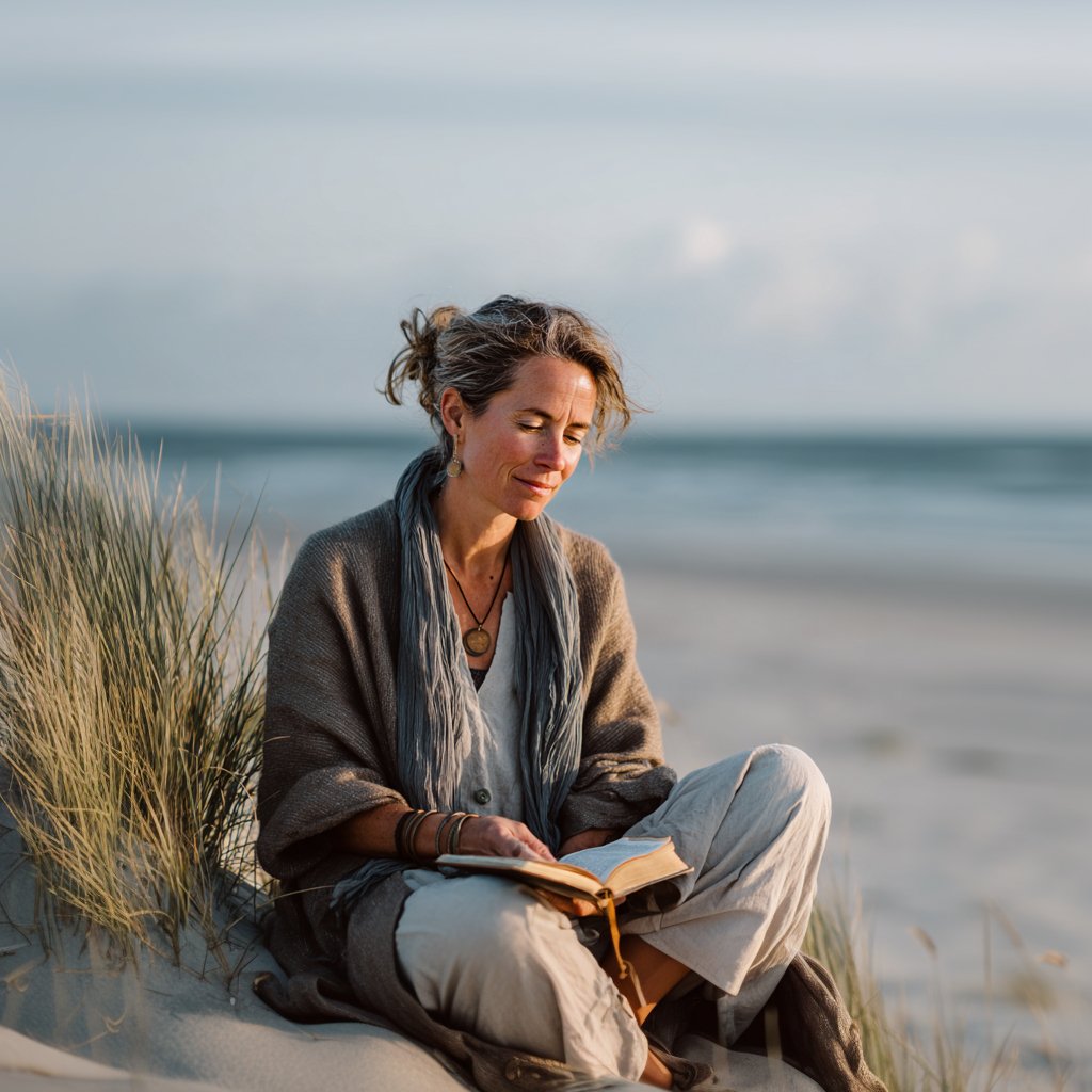 woman on beach thinking